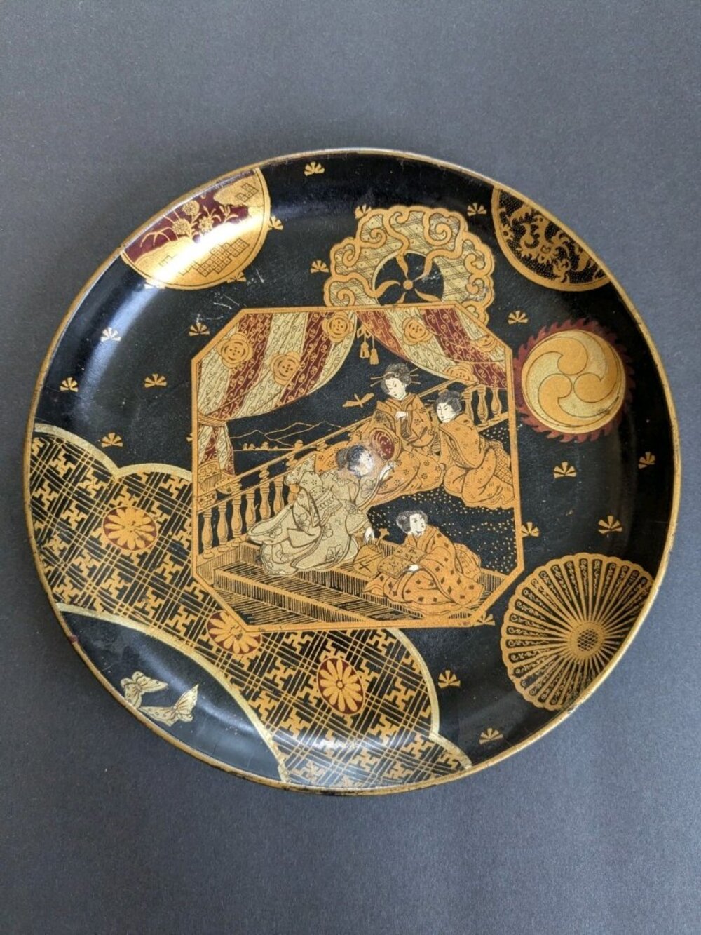 Vintage Japanese Style Gold & Black Decorative Plate Geisha Scene Wall Decor